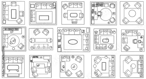A comprehensive collection of diverse top-down architectural floor plan diagrams illustrating various furniture arrangements for modern office and meeting spaces.