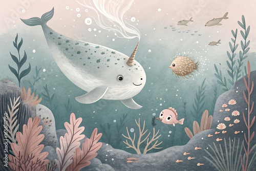 Cute narwhal and fish swimming underwater illustration
