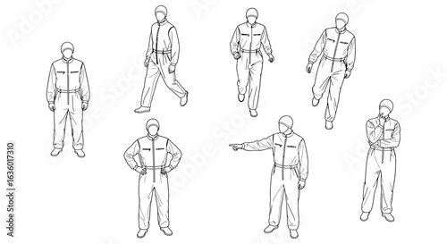 Various monochrome line art illustrations depicting an individual in a protective coverall, showcasing different poses like standing, walking, and pointing.