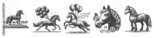 Vintage Hand-Drawn Horse Flying With Balloon Illustration, Whimsical Fantasy Engraved Vector for Imaginative and T-Shirt Design