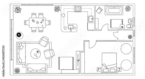 A detailed top-down black and white architectural floor plan illustrating the layout of a modern apartment with various rooms and furniture arrangements.