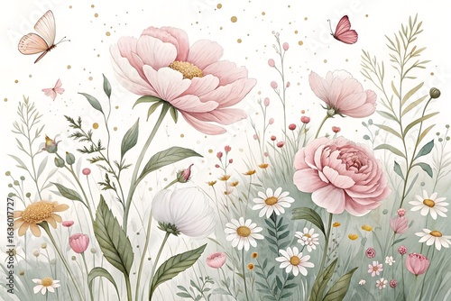 Beautiful pink and white flowers with butterflies in a garden