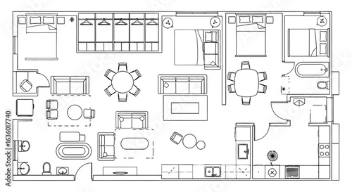 A precise black and white line art drawing of a modern residential apartment's architectural floor plan, clearly showing internal rooms.