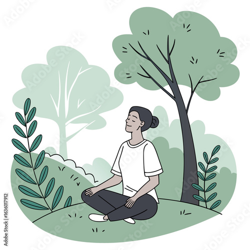 Woman meditating peacefully in a serene natural park setting surrounded by lush green trees and foliage