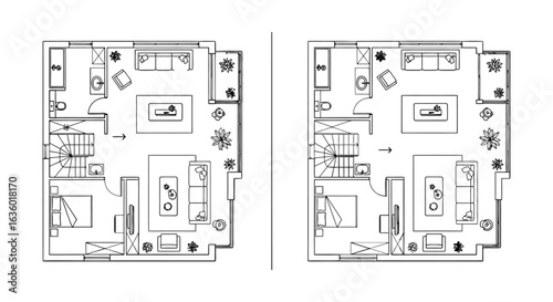 Precisely rendered architectural floor plans illustrate contemporary residential interior layouts, perfect for design, construction, and real estate visualization.