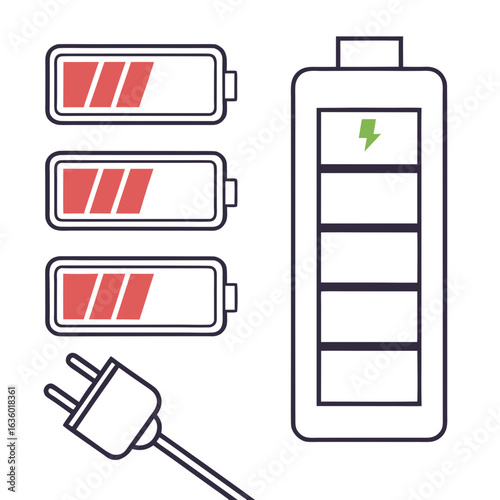 Three battery icons showing low charge levels next to a charging battery icon with a lightning bolt symbol