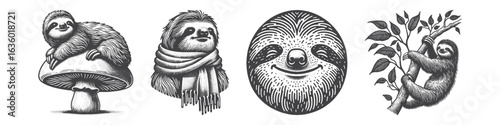 Vintage Hand-Drawn Sloth On Mushroom Illustration, Lazy Animal Engraved Vector for Fantasy and T-Shirt Design