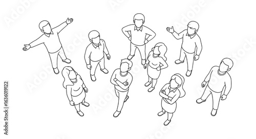 An isometric line art illustration depicting a diverse group of people looking upwards, symbolizing observation, community, and collective attention.