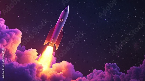 a rocket launching into a starry sky, symbolizing exploration and discovery. The background is a gradient of black and purple, representing the vastness of space. 