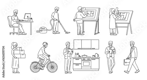 The image illustrates diverse individuals performing everyday tasks and professional duties, showcasing a variety of modern lifestyles and occupations.