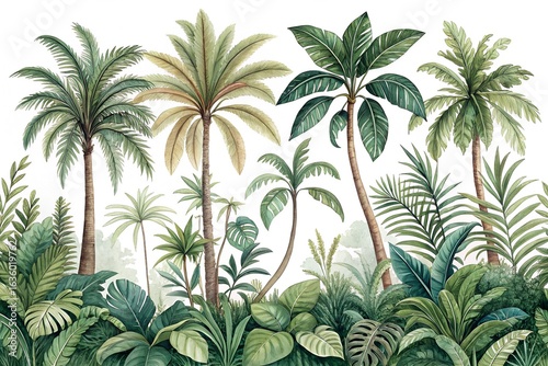 Tropical jungle with lush green palm trees and foliage