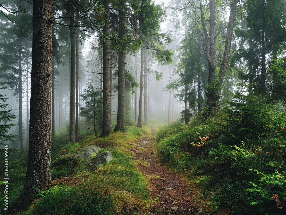 Fototapeta premium Foggy forest path winding through tall evergreen trees