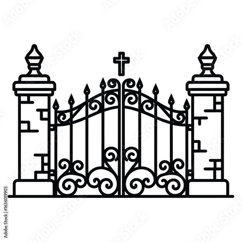 Ornate iron gate with cross isolated on white background, a classic architectural element with decorative scrolls and victorian design for cemetery entrance