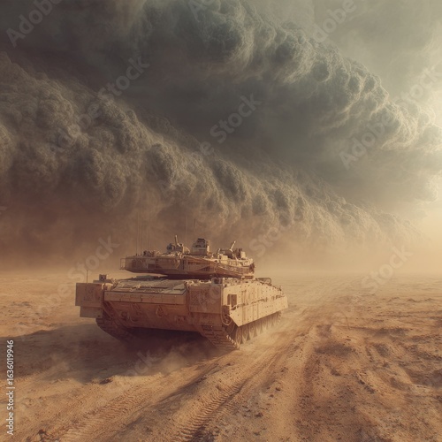 Dramatic desert military scene with soldier walking behind armored vehicles in a sandstorm, conveying tension, endurance, and the harsh reality of deployment.