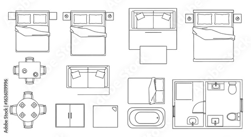 Precise architectural top-down line drawings illustrate various furniture pieces and room layouts, providing essential elements for interior design blueprints and planning.