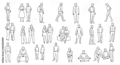 Diverse black and white line art human figures in various poses, suitable for architectural renderings, urban planning, and design project overlays.