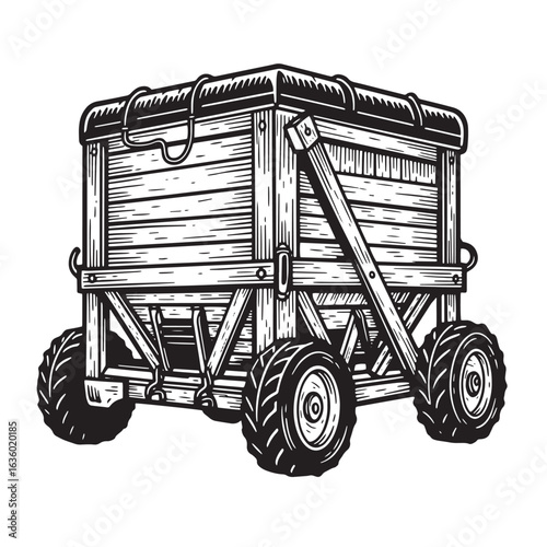 Vintage style illustration of a wooden cart transportation with large wheels