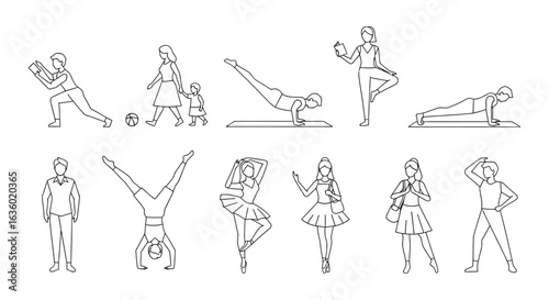 Diverse minimalist line art illustrations portray various people performing everyday activities, active poses, and different lifestyles on a clean white background.
