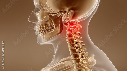 Three-quarter oblique view of cervical spine highlighting herniated disc and arthritis