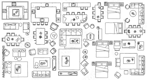 Detailed top-down line art illustrations of diverse furniture layouts for residential interiors, essential for architectural planning.