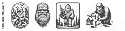 Vintage Hand-Drawn Yeti With Spruce Illustration, Mythical Creature Engraved Vector for Forest and T-Shirt Design