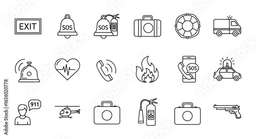 A comprehensive collection of essential line icons representing various emergency services, safety measures, and urgent rescue situations, perfect for modern digital designs.