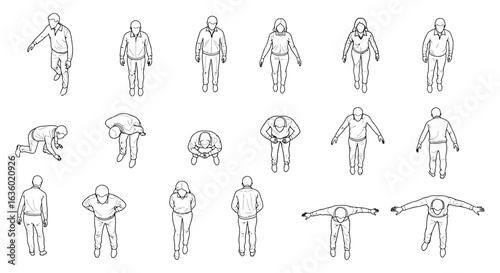 Monochromatic line art illustrations of diverse human figures from an overhead perspective, suitable for architectural blueprints and urban landscape designs.