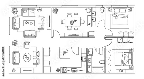 Detailed top-down architectural blueprint illustrating a modern residential floor plan with various furnished rooms and a clear layout.