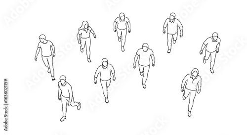 A minimalist top-down line art illustration depicting a diverse group of people walking, ideal for architectural plans and conceptual designs.