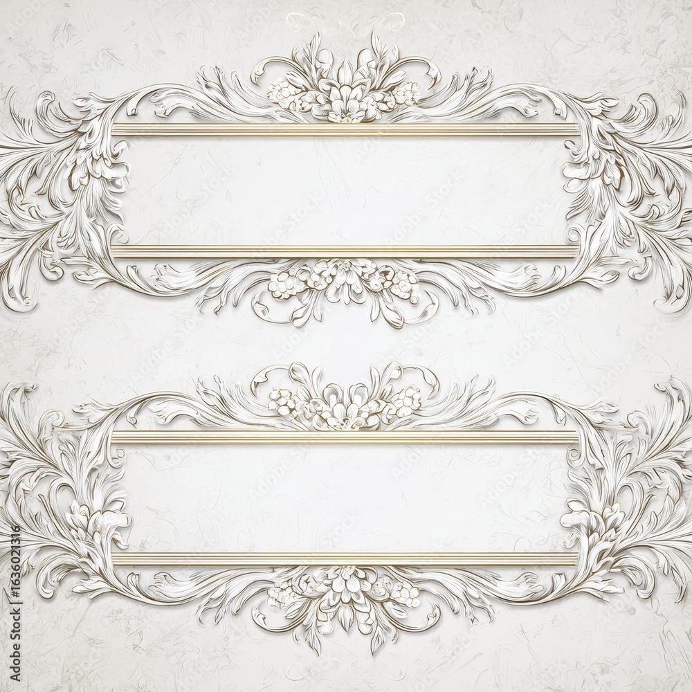 Fototapeta premium Elegant white and gold banner with ornate floral corner decorations and a central blank space, perfect for invitations, labels, luxury branding, or greeting cards.