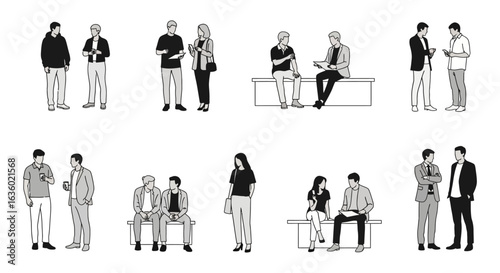 Minimalist black and white line art illustrations showcase diverse individuals and groups standing, sitting, and interacting, perfect for architectural design projects.