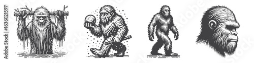 Vintage Hand-Drawn Yeti Walking Illustration, Mythical Creature Engraved Vector for Adventure and T-Shirt Design