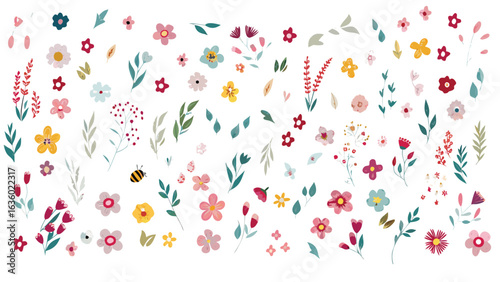 Assorted floral elements with flowers, leaves and a bee scattered on a white background in a pattern