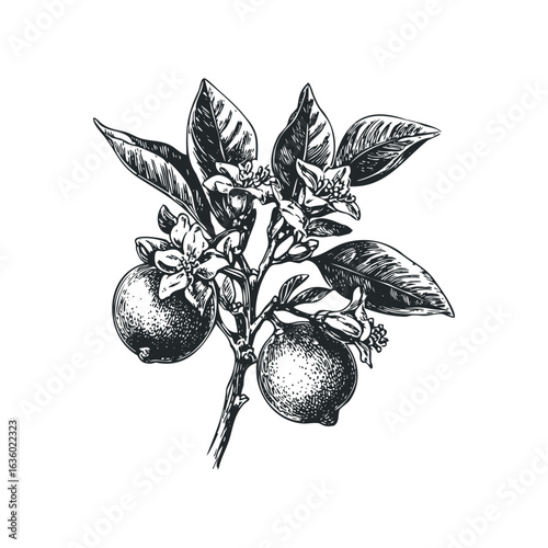 Detailed Linocut Style Drawing of Citrus Branch with Fruit and Blossoms. Hand drawn vector illustration.