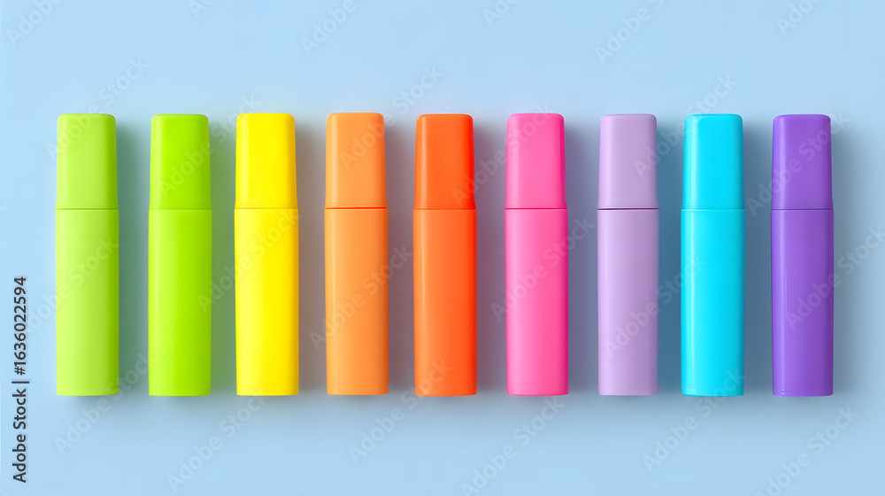 Fototapeta premium Set of colorful highlighters arranged in a row. Perfect for school stationery visuals, creative office content, or study supply branding.
