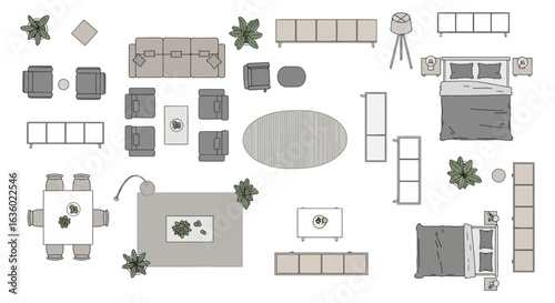 Comprehensive top-down illustration of diverse modern home furniture and decor elements, ideal for interior design, architectural planning, and stylish layouts.