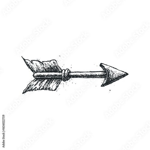Hand Drawn Medieval Arrow with Feathered Fletching and Sharp Point. Hand drawn vector illustration.