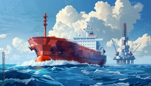 A bulk carrier tanker against the backdrop of a drilling platform for the extraction of fuel oil or gas in the ocean.