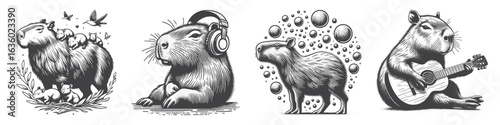 Vintage Hand-Drawn Capybara Hearing Music Illustration, Gentle Rodent Engraved Vector for Music and T-Shirt Design