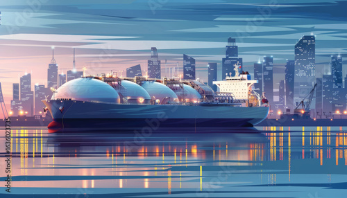 A tanker carrying liquefied natural gas sails in a port with a large city in the background. Transportation of LNG across the ocean.
