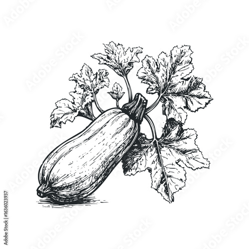 Hand Drawn Zucchini Vegetable with Leaves Outline. Hand drawn vector illustration.