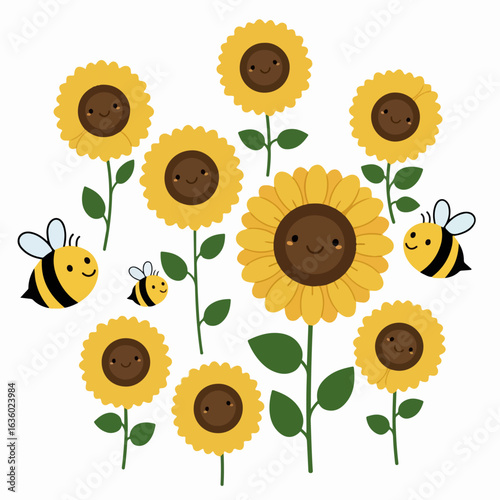 Cheerful Cartoon Sunflowers and Bees Illustration