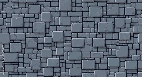 A digitally rendered seamless texture of varied grey stone blocks forming an ancient-looking wall or pavement, perfect for backgrounds and digital design projects.
