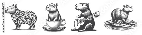 Vintage Hand-Drawn Capybara Playing Guitar Illustration, Animal Engraved Vector for Music and T-Shirt Design