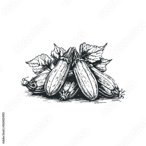Detailed sketch of clustered squash with leafy foliage. Hand drawn vector illustration.