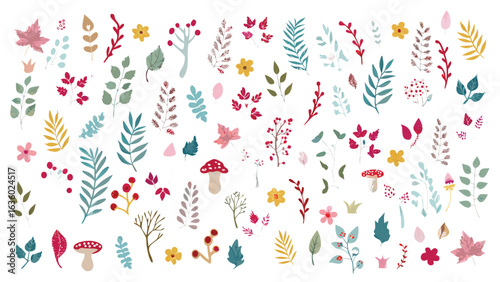 Assortment of floral elements including leaves flowers berries and mushrooms scattered on a white background