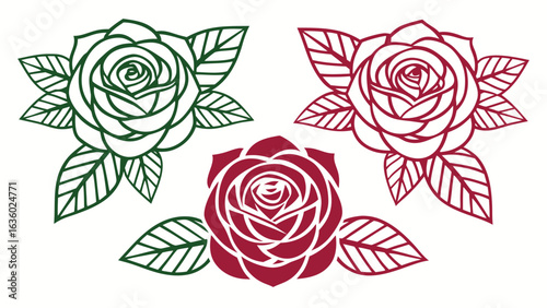 Elegant Line Art Rose Designs: Green and Burgundy Floral Illustrations, Perfect for Invitations, Logos, and Branding.