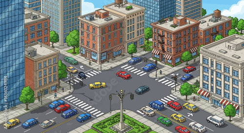 A detailed isometric illustration captures a bustling urban intersection with numerous vehicles navigating crosswalks amidst diverse city buildings and green spaces.