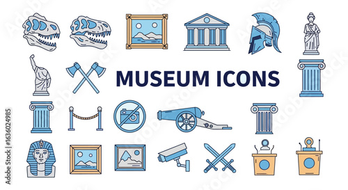 A versatile set of museum icons showcasing historical artifacts, ancient art, and cultural symbols, ideal for educational and exhibition graphic designs.