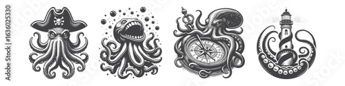 Vintage Hand-Drawn Kraken with Pirate Hat Illustration, Mythical Creature Engraved Vector for Nautical and T-Shirt Design